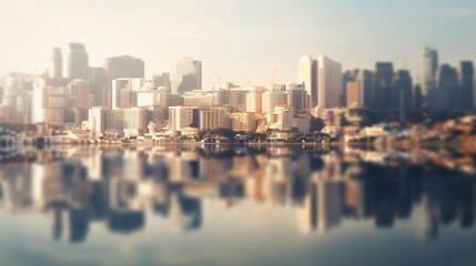 Fototapeta premium City skyline reflection in calm waters at sunrise