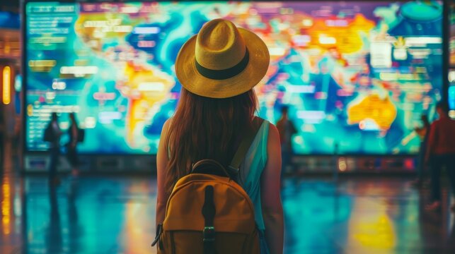 A young woman with long brown hair, wearing a hat and backpack, stands in front of a large screen displaying a colorful map.