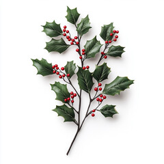 Fototapeta premium sprig of holly with glossy green leaves and bright red berries. isolated on white background