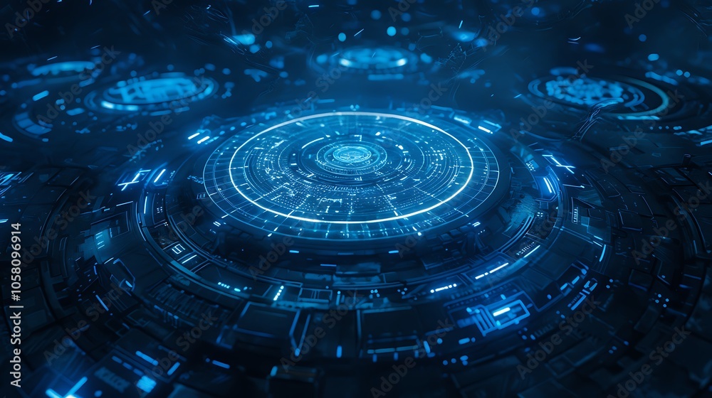 Poster A futuristic digital landscape with glowing blue circles and intricate patterns, resembling advanced technology and data visualization.