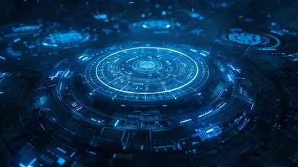 A futuristic digital landscape with glowing blue circles and intricate patterns, resembling advanced technology and data visualization.