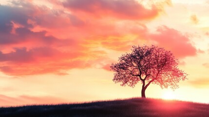 Obraz premium Silhouette of a Tree on a Hilltop at Sunset with Pink and Orange Clouds