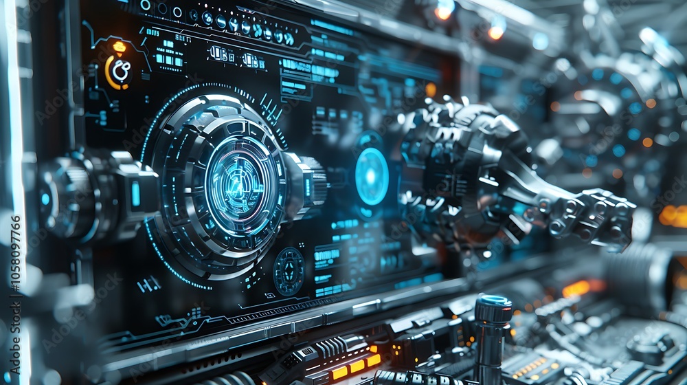 Aufkleber A futuristic control panel with glowing elements and intricate mechanical components, showcasing advanced technology in a sci-fi setting.