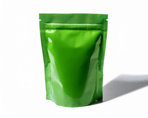 green pouch packaging mockup, Isolated, Flexible stand-up pouch packaging with a resealable top, suitable for snacks or sauces. green packaging mockup,
