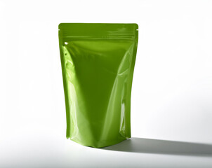 green pouch packaging mockup, Isolated, Flexible stand-up pouch packaging with a resealable top, suitable for snacks or sauces. green packaging mockup,

