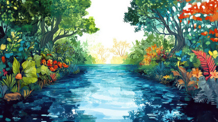 Serene river landscape celebrating international rivers day in vibrant nature. Horizontal banner. Copy space. World water day. Save water and environment concept. Climate change problem