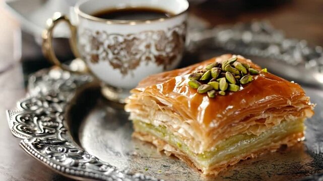 Delicious baklava served with coffee on a decorative plate, highlighting Middle Eastern culinary traditions