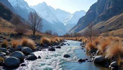  Tranquil mountain stream in a rugged landscape