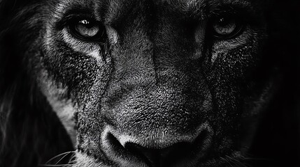Lion face close-up in black and white