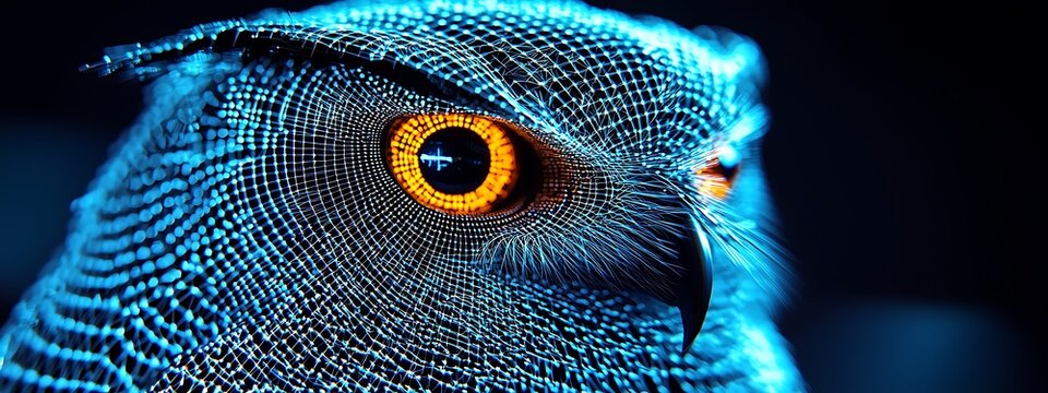 A captivating digital artwork featuring a close-up of an owl's head with a glowing eye, showcasing vibrant neon colors and intricate textures. Perfect for modern art themes.