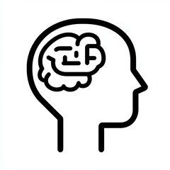 A black and white line drawing features the silhouette of a head with a brain icon, symbolizing mental health resources and support for well-being, icon