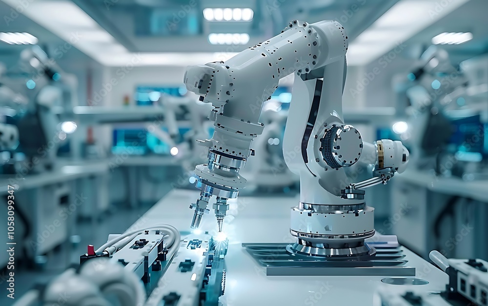 Poster A robotic arm manipulates objects in a modern laboratory, showcasing advanced technology and automation in a high-tech environment.