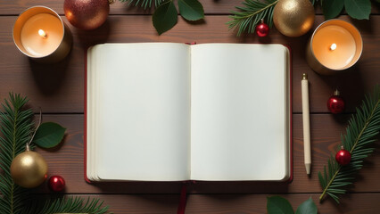 Open blank book surrounded by Christmas candles and pine decor on wooden table