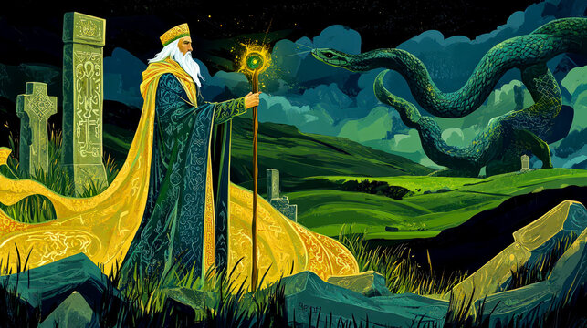 St. Patrick banishing snakes in mystical Irish landscape for St. Patrick's day celebrations. Flat illustration