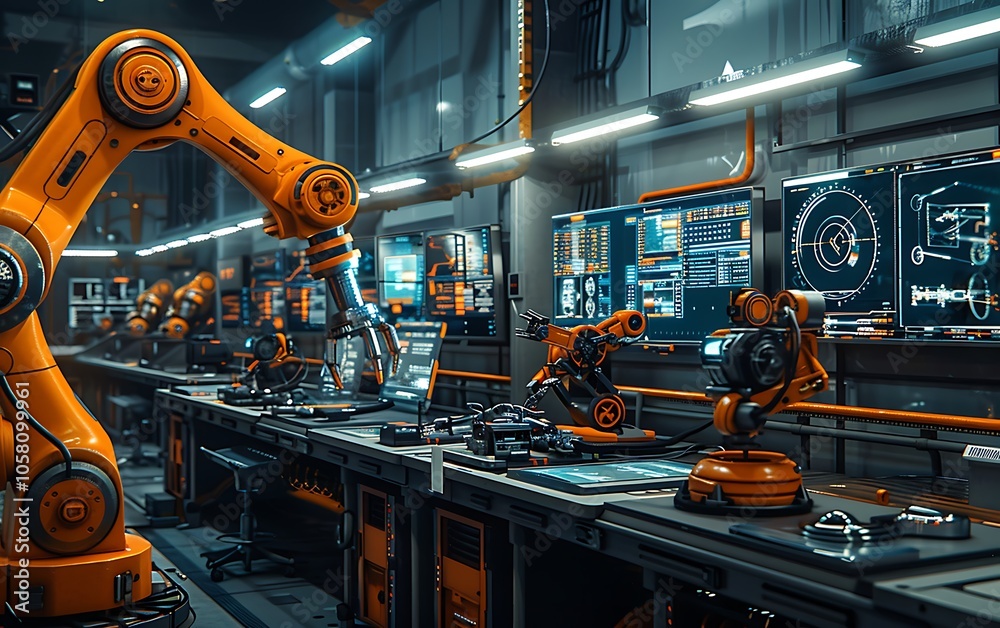 Aufkleber A high-tech robotics workspace featuring multiple robotic arms and sophisticated control monitors, showcasing advanced automation technology.