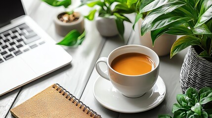 Coffee and laptop on desk with plants