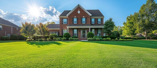 A beautiful brick house with a lush green lawn, surrounded by trees and shrubs, under a bright blue sky with sun shining through the clouds.