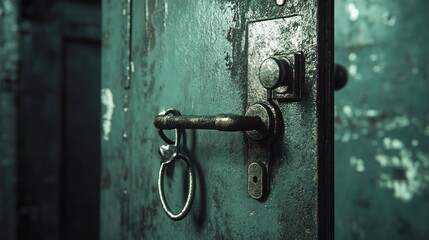 A close-up view of an old, rusty door handle with a key in the keyhole.