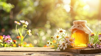 Fresh honey jar and wildflowers arrangement outdoors with copy space