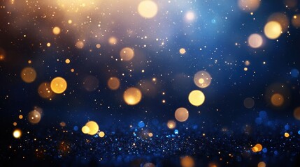 Luxury background Abstract golden bokeh lights on dark blue texture for festive Celebration