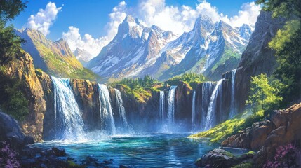 Majestic Waterfall in a Mountain Valley