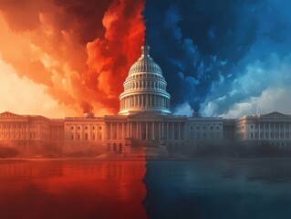 Fototapeta premium Divided Capitol Building with Red and Blue Sky, Political Concept