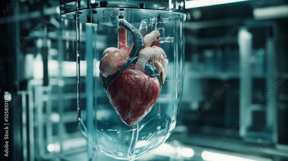Poster a detailed human heart is suspended in a glass container within a high-tech laboratory, showcasing i