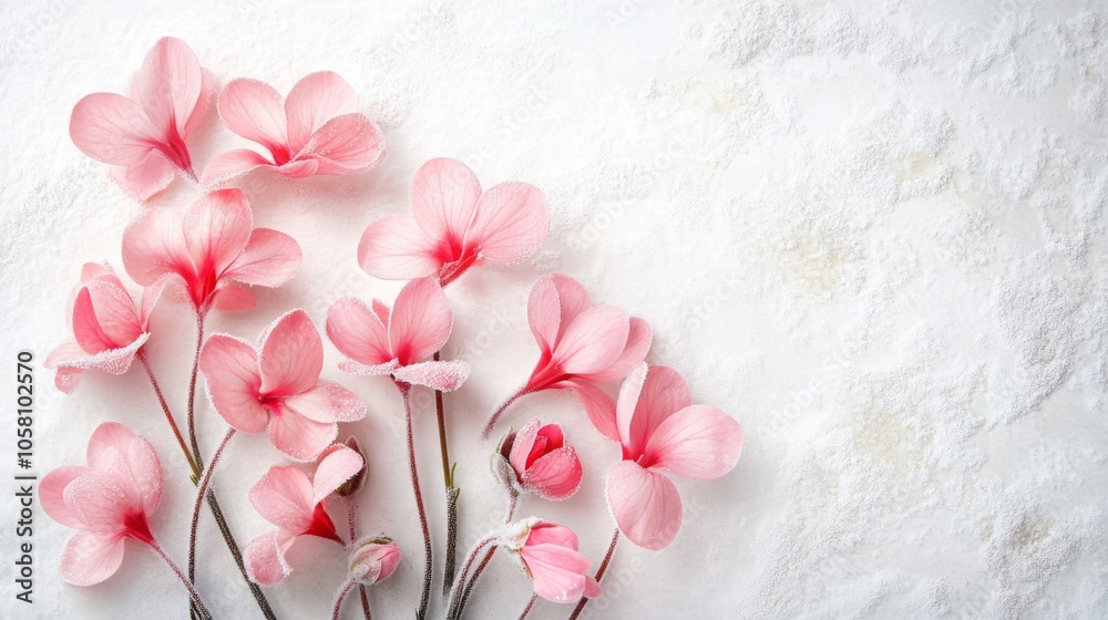 Poster a cluster of light pink flowers with thin stems are laid out on a white textured surface. the flower