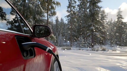 A sleek electric vehicle is plugged into a charger surrounded by snow-covered trees on a winter day