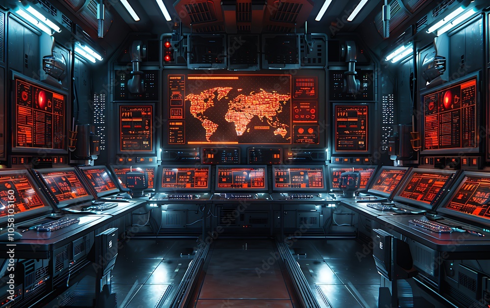 Fototapete A high-tech control room featuring illuminated screens, advanced technology, and a world map display, creating a futuristic atmosphere.