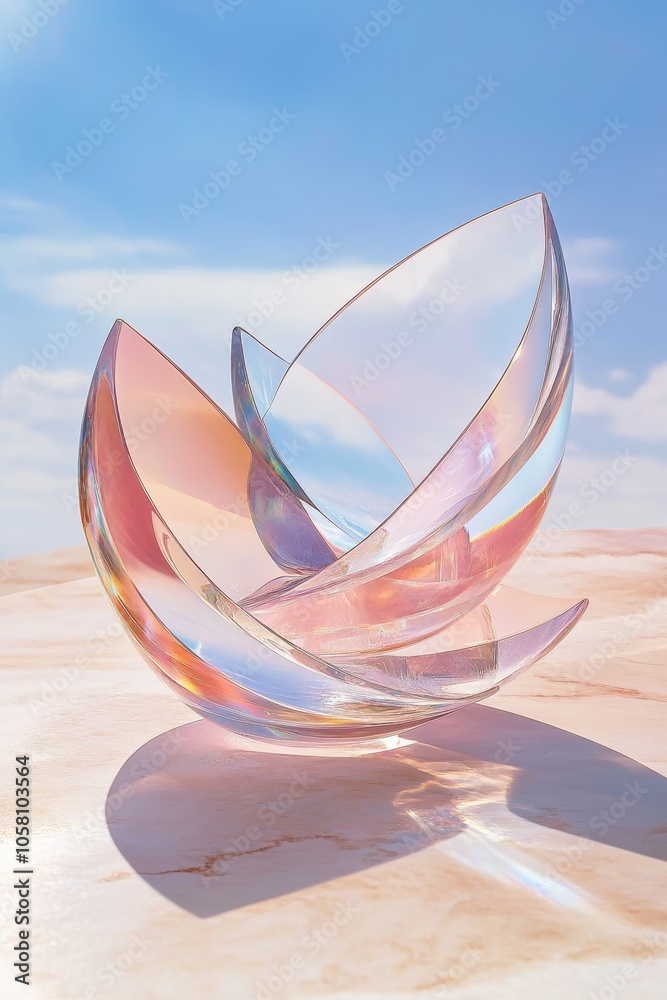 Poster Enchanting Chrome-Effect Holo Abstract Shapes Illuminated by Soft Sunlight in a Serene Environment