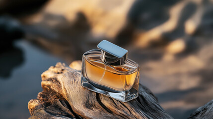 Elegant glass perfume bottle with amber liquid on weathered driftwood in natural sunlight with blurred background emphasizing texture and light contrast.