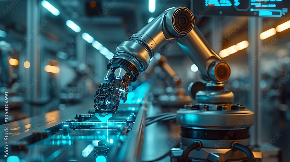 Aufkleber a robotic arm delicately manipulates components on a futuristic assembly line, showcasing advanced a