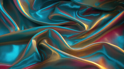 Obraz premium A close-up view of luxurious satin fabric with rich teal and gold hues, creating an elegant and sophisticated texture that glimmers in the light.