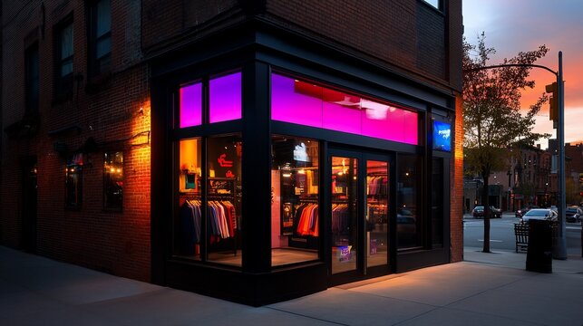 Corner storefront with vibrant pink and purple lighting at dusk.