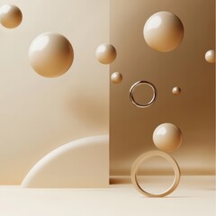 Abstract Minimalist 3D Render with Beige Sphere and Rings on Cream Background.