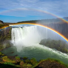 Fototapeta premium Majestic waterfall with a double rainbow arching across the mist 