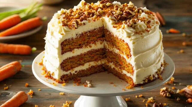 Delicious homemade carrot cake with cream cheese frosting and pecans served on a decorative cake stand