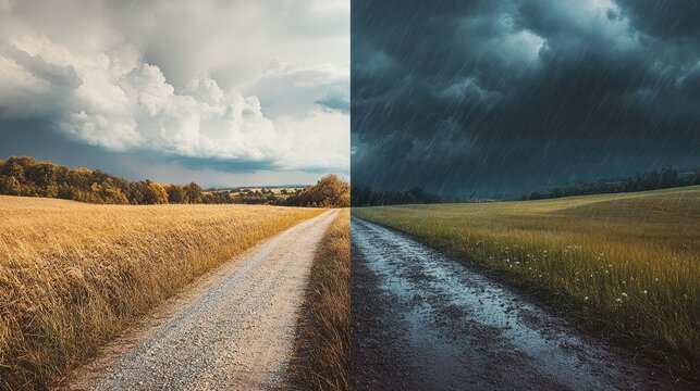 Dramatic Split-Screen Image of a Country Road with Sunny and Rainy Weather, Nature Photography, Landscape