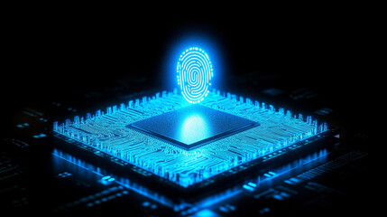 microchip illuminated by digital fingerprint symbolizes security and technology. This represents innovation in biometric identification and data protection