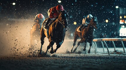 A nighttime horse racing scene under illuminated conditions.