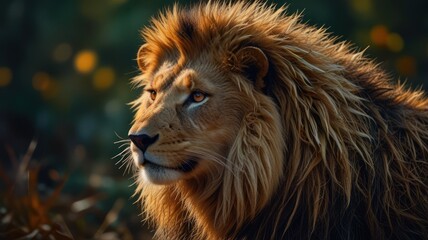 a lion, its golden mane flowing in the wind. The lion's sharp eyes and strong body convey a sense of power and authority, highlighting its intricate details and creating a sense of depth and texture.