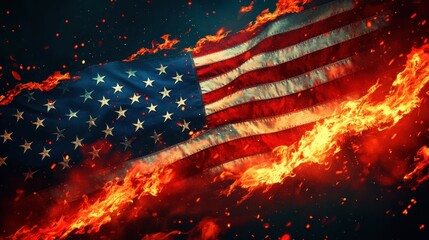American Flag Burning in Flames, Dramatic Patriotic Image.