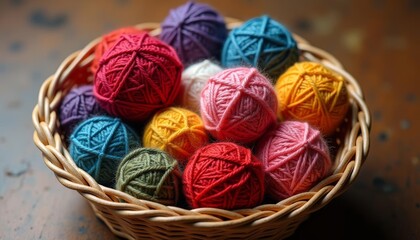  Handcrafted yarn balls in a woven basket