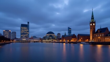 Fototapeta premium Elegant cityscape at dusk with reflections dancing on the water