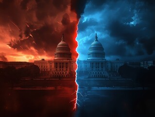 Fototapeta premium US Capitol Building Divided by Red and Blue Lightning, Political Conflict Concept.