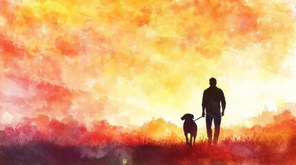 Fototapeta premium Watercolor Sunset Silhouette of a Man Walking His Dog - Romantic Evening Nature Scene.