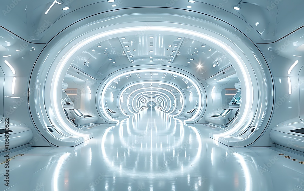 Poster A futuristic, illuminated corridor with smooth white surfaces and circular light patterns, creating a sleek, modern atmosphere.