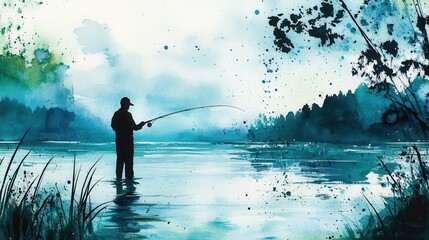 Watercolor Painting of a Silhouette of a Man Fly Fishing on a Lake with a Blue and Green Landscape.