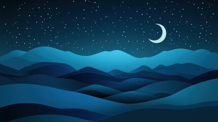 Abstract Night Sky with Crescent Moon and Mountains in Paper Cut Style.